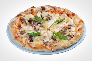 Pizza with mushrooms and mozzarella. On a white background
