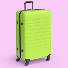 Large green polycarbonate suitcase isolated on pink background.