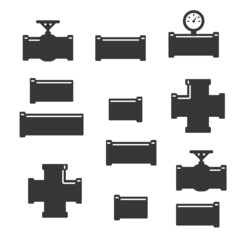Pipe fittings icons set. Tube industry, construction pipeline