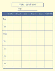 Blue weekly meal planner, health glider. Menu, food, To Do, schedule, self-care, to-do list.