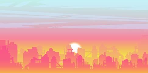 sunset over the city vector illustration, cityscape, pink skyline