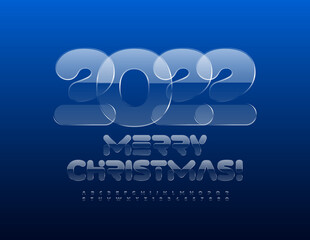 Vector creative greeting card Merry Christmas 2022! Crystal glass Font. Iced Alphabet Letters and Numbers
