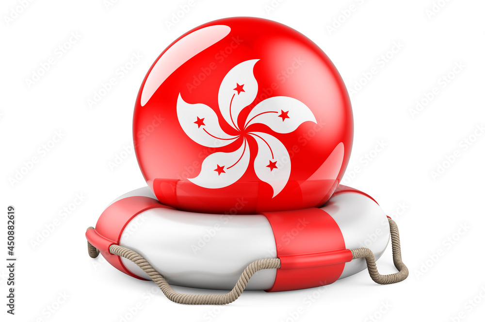 Poster lifebelt with hong kong flag. safe, help and protect of hong kong concept. 3d rendering