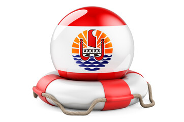 Lifebelt with French Polynesian flag. Safe, help and protect of French Polynesia concept. 3D rendering