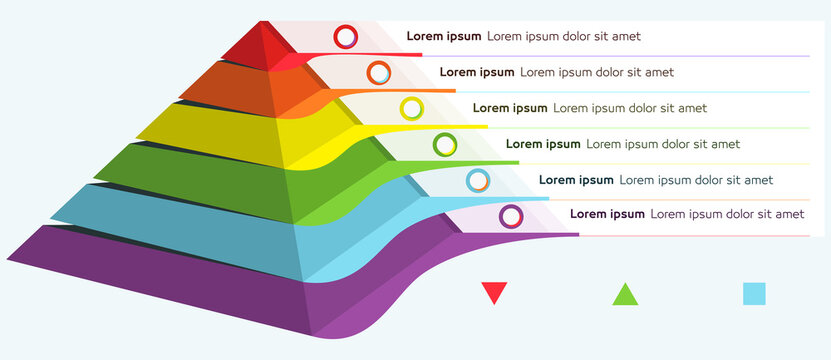 Pyramid chart infograph. Pyramidal stages graph elements. 6 colorful steps.