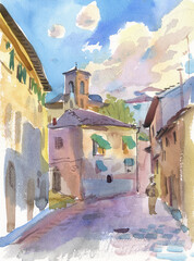 Ancient street in Fabriano, Italy. Italian plein air. Watercolor painting of old town. Urban sketch. - obrazy, fototapety, plakaty