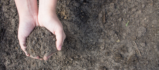 Human hands hold the brown soil in the palms of the close-up and space for copying. Concept - protect the environment and gardening