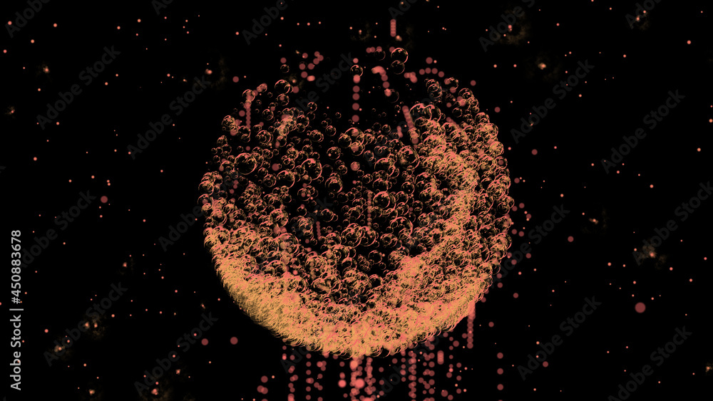Poster an abstract sphere in infinite space emits a stream of soap bubbles against a background of red star