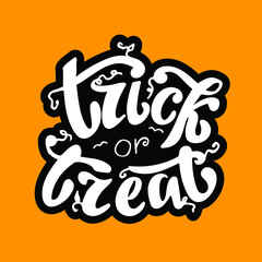 Trick or treat, white letters with black shadow on the orange background.  Vector illustration. Hand digital lettering for a banner, a poster, a greeting card, an invitation to a party. Halloween.