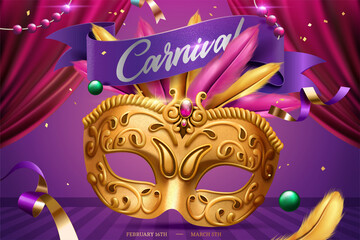 Mardi Gras Party With Golden Mask Feather 3D Illustration Stage Background