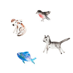 Hand drawn watercolor pet animals set.