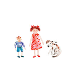 Hand drawn watercolor kids drawing of small boy, girl and pet animal dog