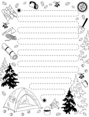 A template for planning a hike. Tourist's checklist. Vector doodle illustration on an isolated background. Contour drawings of objects for traveling to the forest and mountains.