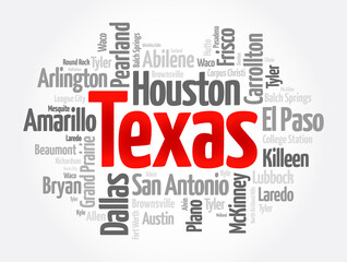 List of cities in Texas USA state word cloud, concept background