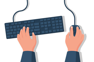 Human working on the computer. Hands on the keyboard and mouse. Programmer, blogger, freelancer, designer, office employee. Template for design. Vector illustration flat style.