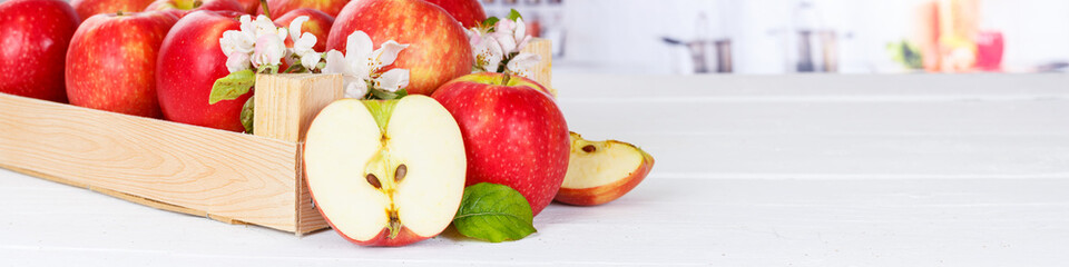 Apples fruits red apple fruit in a box with leaves panorama copyspace copy space