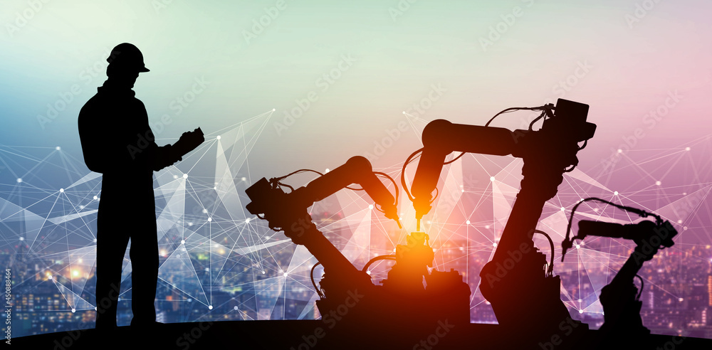 Poster mechanized industry of future factory double exposure image . concept of robotics technology for ind
