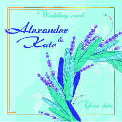 Wedding card with lavender flowers and blue feather