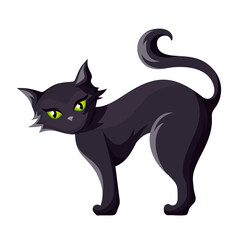 Vector Halloween black cat with green eyes isolated on a white background.