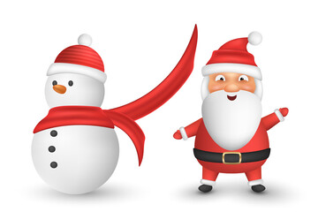 Christmas cute cartoon santa claus and snowman with hat and scarf isolated on white background. Simple 3d emotional characters for the new year. Vector illustration