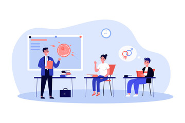 Students studying fertilization theme in class. Flat vector illustration. Teacher standing at blackboard and explaining biological process to young people. Biology, education, reproduction concept