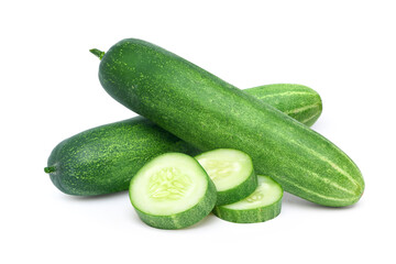Cucumber with slices isolated on white background.