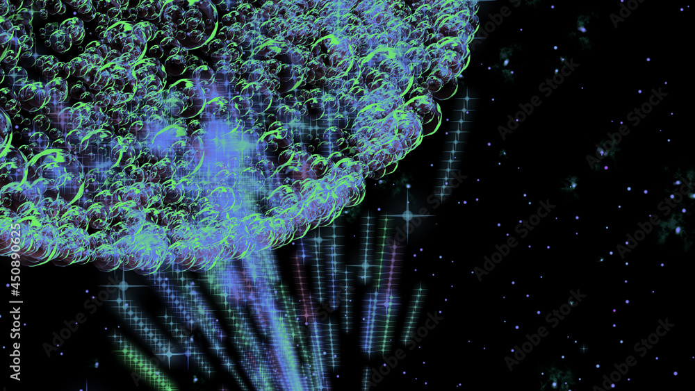 Poster abstract stream of shooting stars and flying through a gas planet in stellar space. close-up of a fu