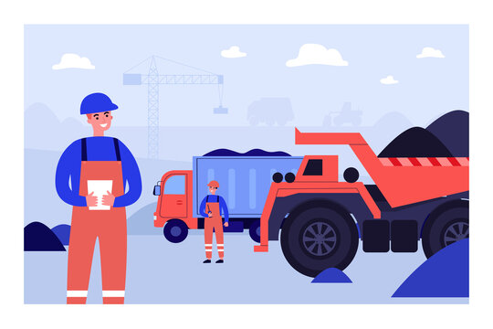Builder characters in uniform at construction site. Construction workers and heavy machinery flat vector illustration. Development, engineering, industry concept for website design or landing web page