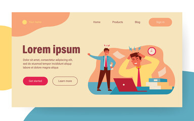 Angry boss shouting at frustrated employee. Office worker suffering from migraine and feeling stress at work. Vector illustration for burnout, deadline, office conflict concept