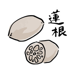 れんこんの和風手描きベクターイラスト　筆文字セット