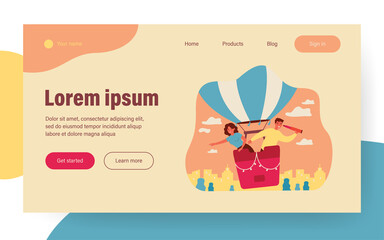 Happy woman and man searching for employees on air balloon isolated flat vector illustration. Cartoon creative people hunting for new job. Vacancy research and work concept