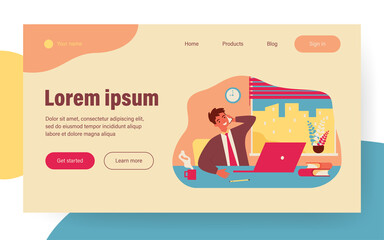 Happy boss sitting in office and talking phone isolated flat vector illustration. Cartoon manager at workplace with laptop speaking on telephone. Office interior and business concept