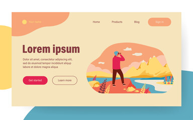 Male explorer standing at cliff, looking at mountains through binoculars. Man enjoying nature and hiking, searching new opportunities. Vector illustration for travel, active lifestyle, goal concept