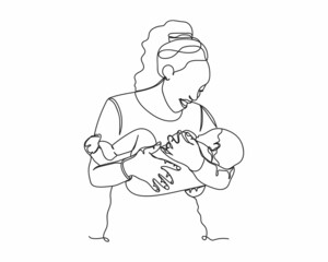 Continuous one line drawing of mother with baby in silhouette on a white background. Linear stylized.Minimalist.