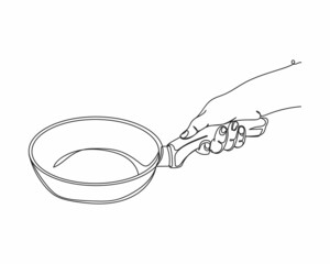 Continuous one line drawing of hand holding simple new empty non stick pan in silhouette on a white background. Linear stylized.Minimalist.