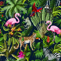modèle sans couture avec des animaux de la jungle fleurs et arbres art vectoriel art art design illustration vectorielle impression affiche art mural toile