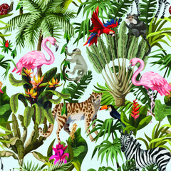 seamless pattern with jungle animals flowers and trees vector vector art design vector illustration print poster wall art canvas
