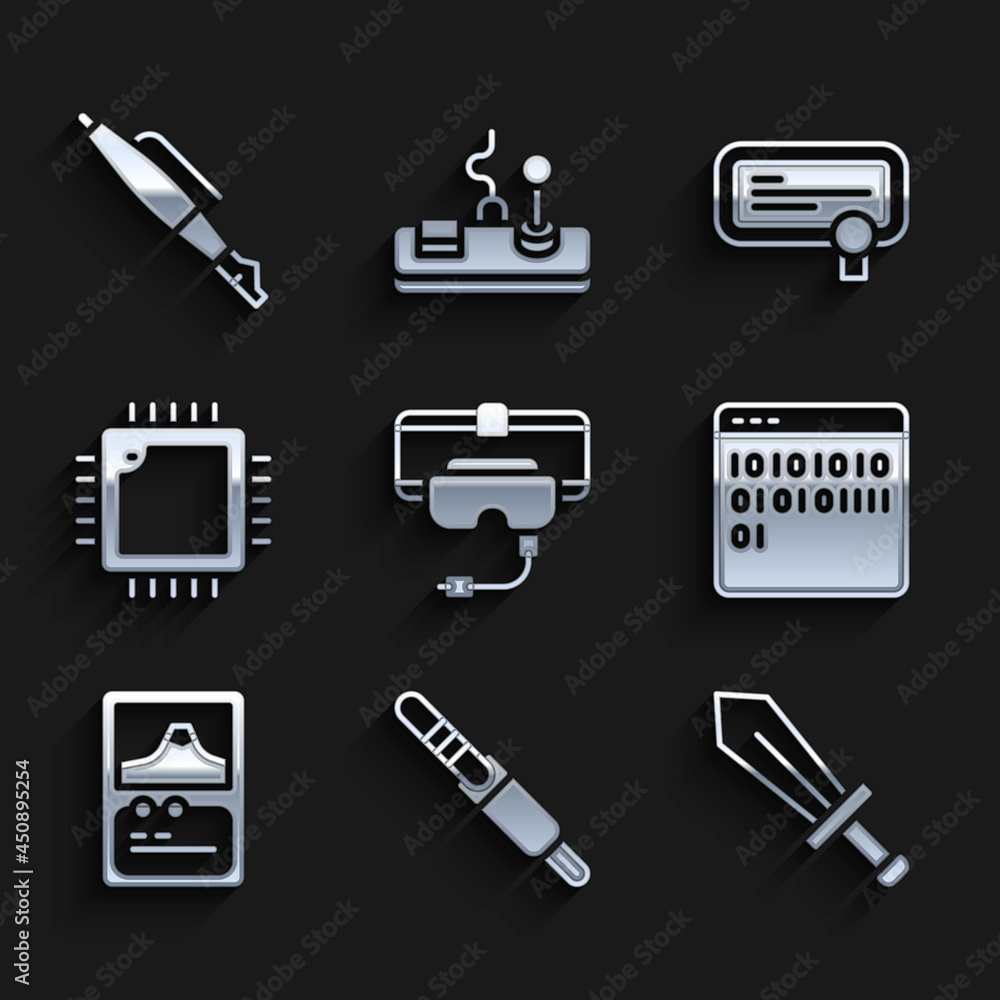 Poster set virtual reality glasses, audio jack, sword for game, binary code, card, processor with cpu, cert