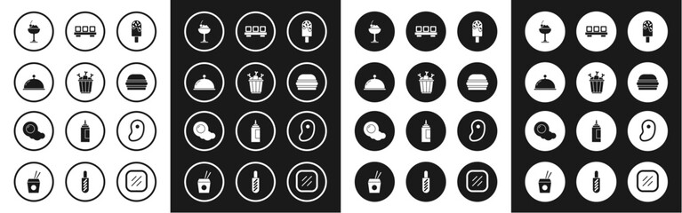 Set Ice cream, Chicken leg in package box, Covered with tray, bowl, Burger, Sushi on cutting board, Steak meat and Scrambled eggs icon. Vector