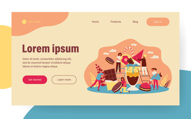 Happy tiny women and men among huge chocolate dessert dishes flat vector illustration. Cartoon characters eating sweet food. Bakery factory and pastry concept