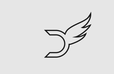 black white D simple alphabet letter icon logo with line design. Creative wing template for company