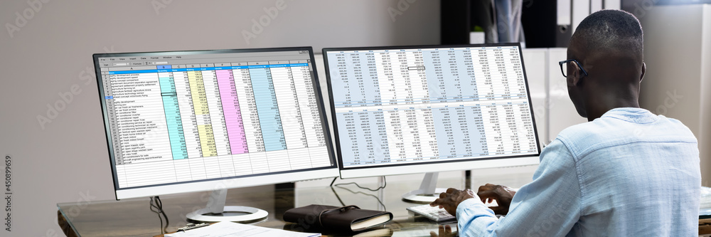 Poster african data analyst man using spreadsheet