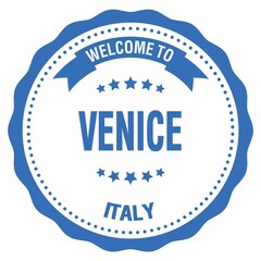 WELCOME TO VENICE - ITALY, words written on blue stamp