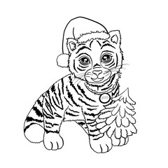 Fototapeta na wymiar Outline tiger in santa hat. Hand drawn line art of cute tiger with christmas tree, isolated on white background. Coloring page. Symbol of the 2022 year. Cartoon tiger. Winter christmas animal.