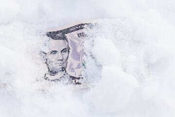 five dollars are visible from under the snow, covered with white snow