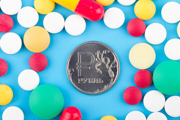 one Russian ruble around him medications and pills