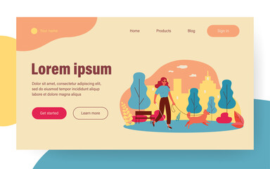 Disabled woman walking with guide dog. Blind person with cane in city park flat vector illustration. Disability, companion animals, therapy concept for banner, website design or landing web page