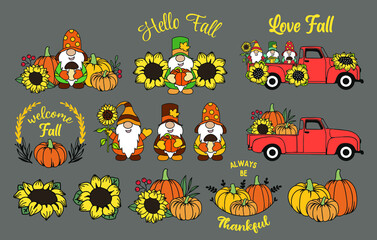 Set of fall elements. Autumn gnomes, pumpkins and sunflowers. Thanksgiving. 