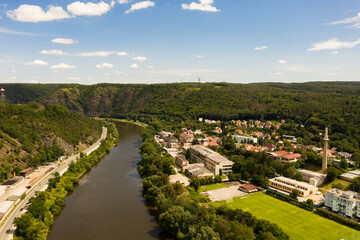 Fototapeta na wymiar Aerial drone view of river Vltava and city 