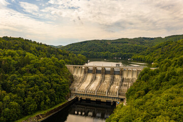 Slapy Reservoir is dam on the Vltava river in the Czech Republic, near to village Slapy. It has a hydroeletrics power station included. Aerial view.